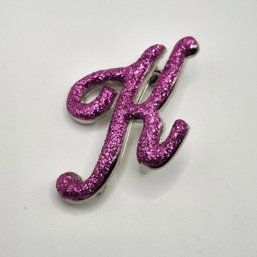 Pink Glitter Initial Letter H‎ Brooch Pin Silver Tone Metal Script Font Jewelry